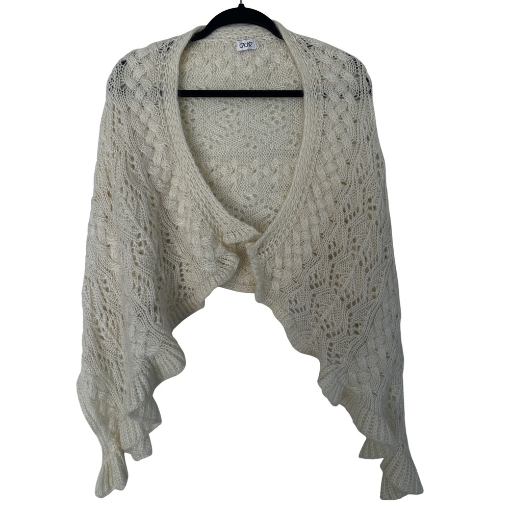Cache Vtg Mohair Blend Cream Cable Pointelle Knit Open Front Ruffle Shrug Bolero